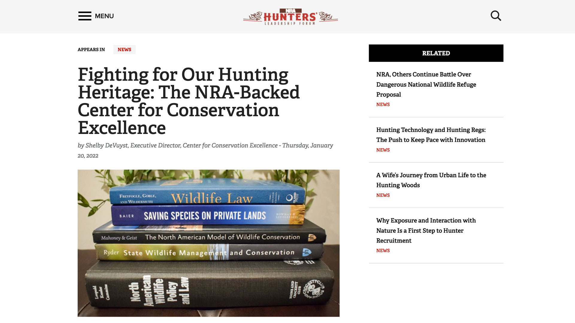 NRA Hunters' Leadership Forum web article "Fighting for Our Hunting Heritage: The NRA-Backed Center for Conservation Excellence" screenshot.