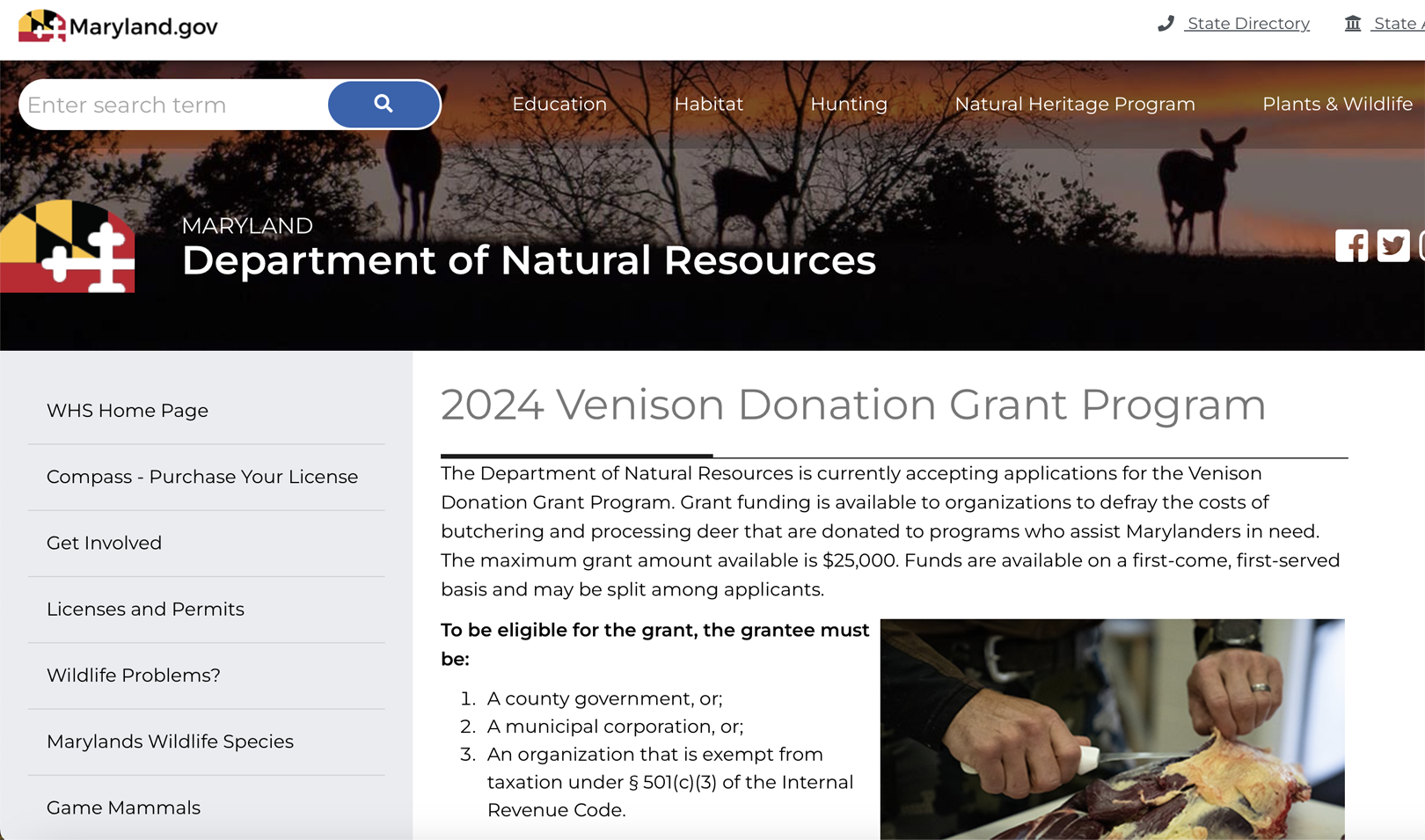 Grant Applications for Maryland’s 2024 Venison Donation Grant Program Due June 16