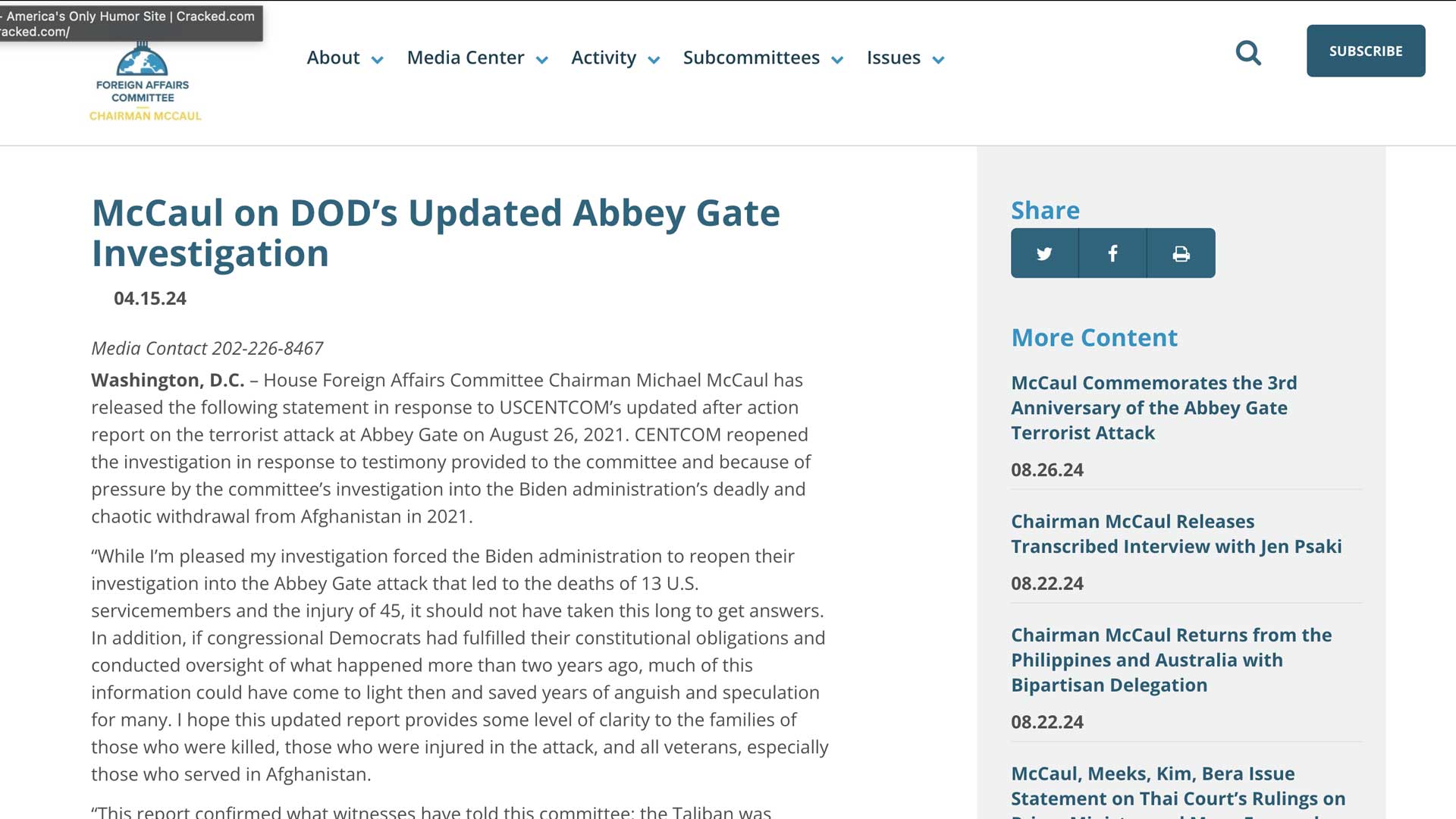 screen grab of U.S. House Foreign Affairs Committee report on Abbey Gate investigation