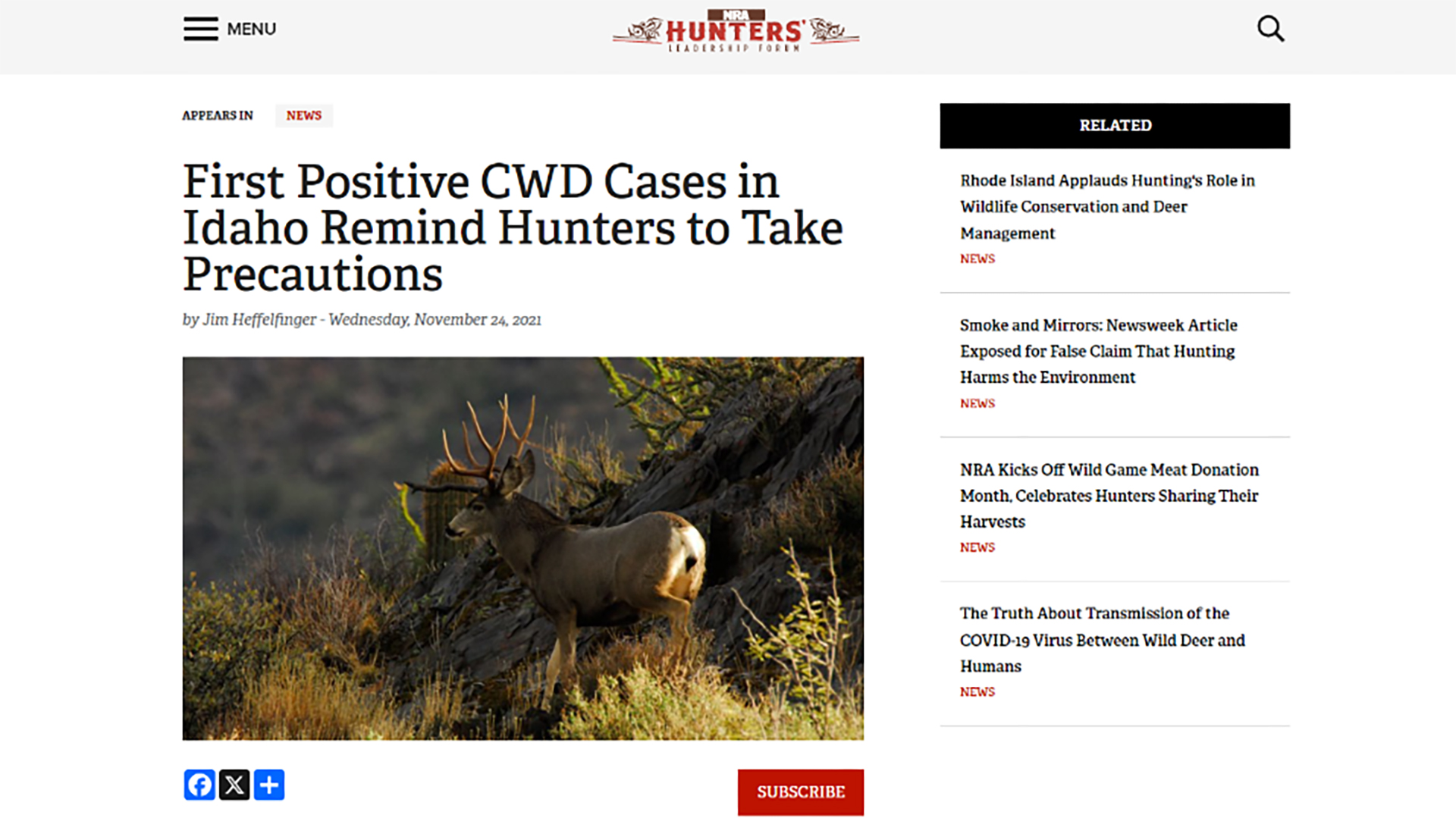 "First Positive CWD Cases in Idaho Remind Hunters to Take Precautions" 2019 NRA Hunters' Leadership Forum article screenshot.