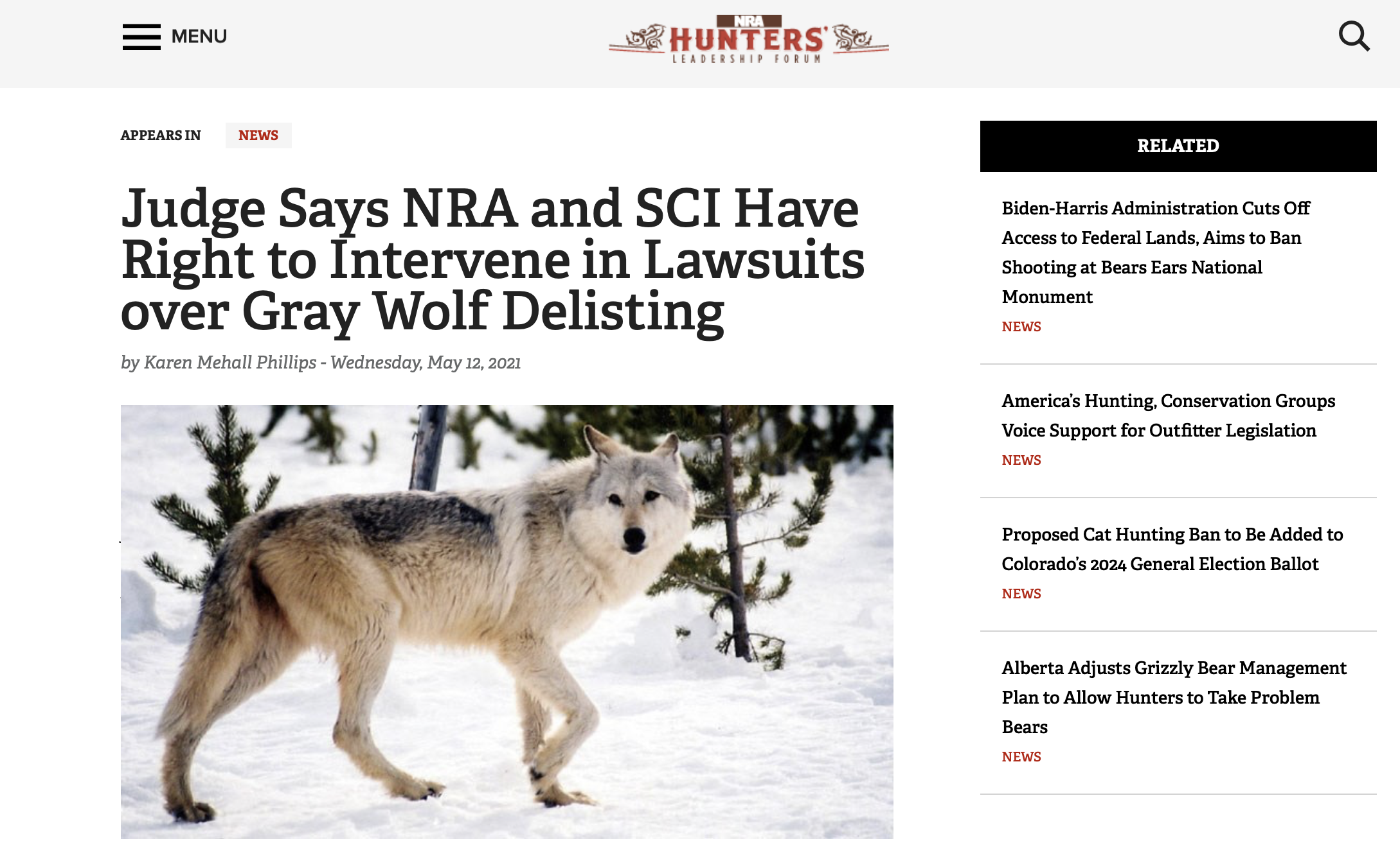 screenshot of nra hlf website regarding wolf legislation