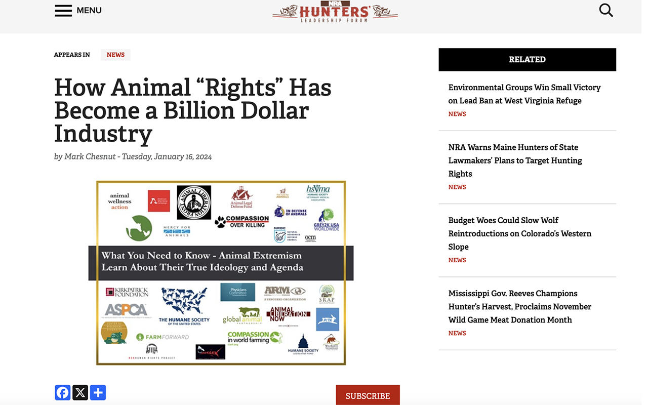 screenshot of hlf story regarding animal rights movement