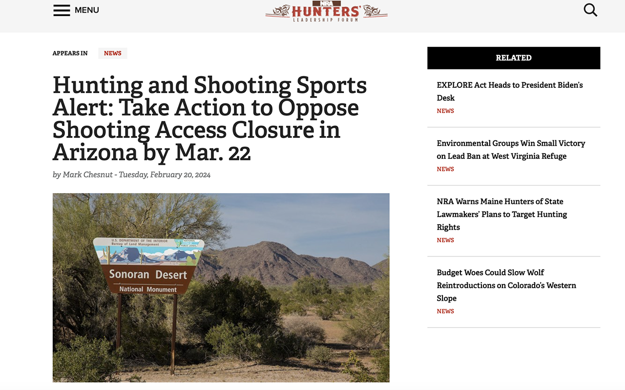 screenshot regarding Arizona range closure