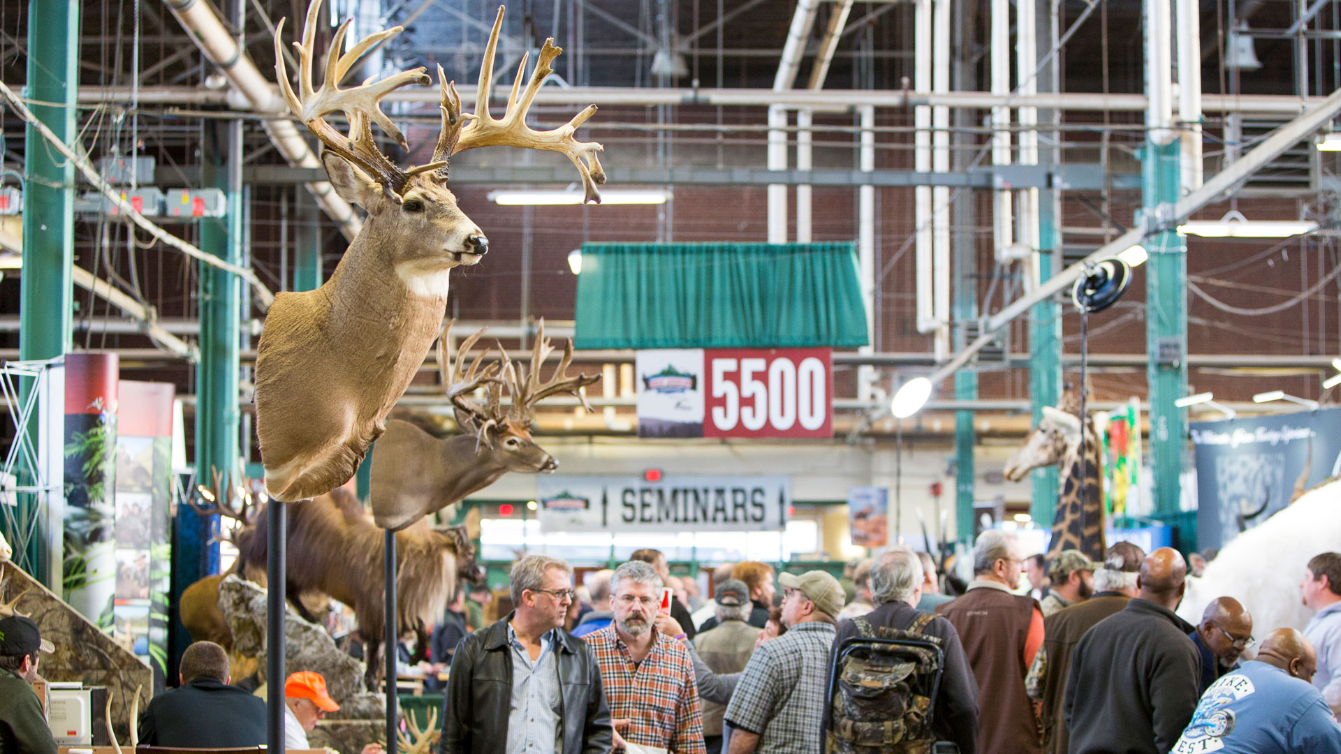 mounts of giant deer heads at NRA Great American Outdoor Show